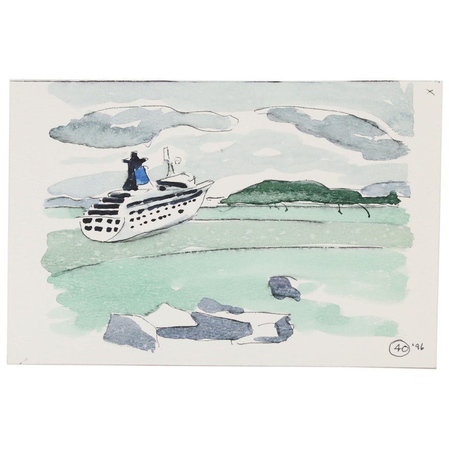 Robert Herrmann Watercolor Painting of a Yacht, 1996