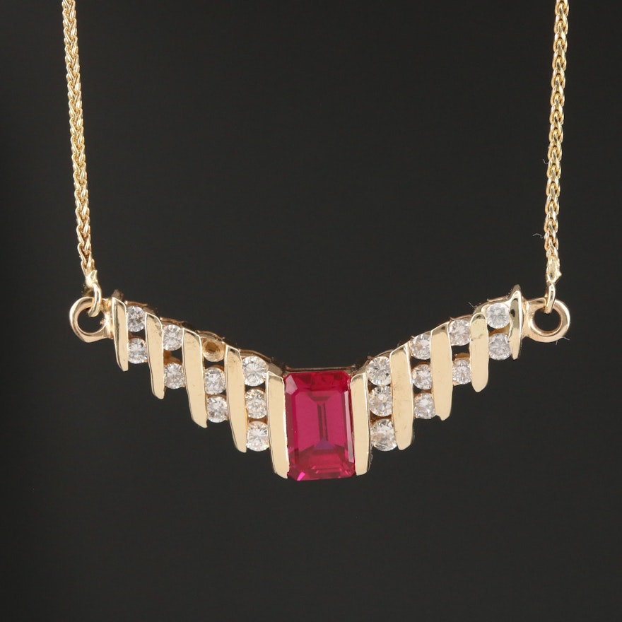 14K Ruby and Diamond Stepped Chevron Necklace with Round Foxtail Chain