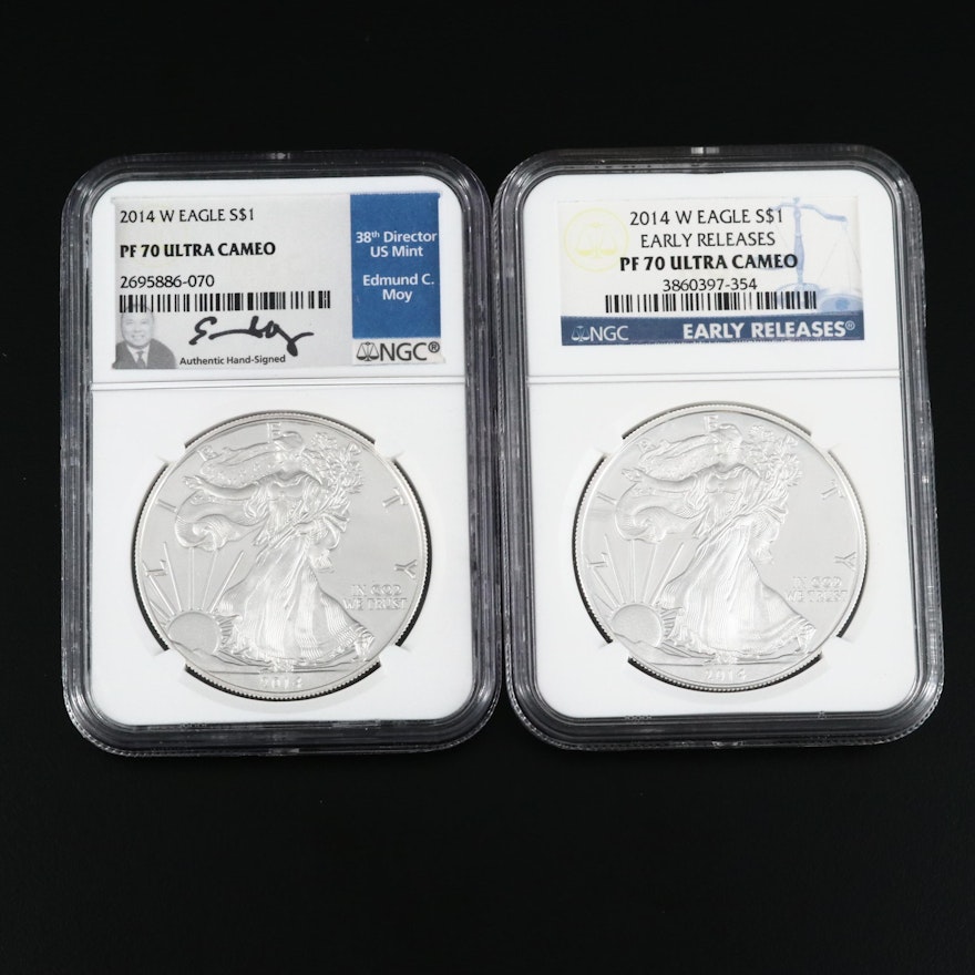 Pair of NGC Graded PF 70 Ultra Cameo Proof 2014-W Silver Eagle Dollar Coins