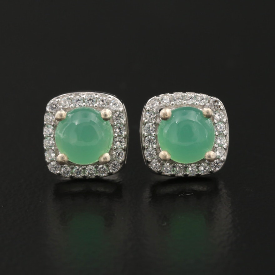 Sterling Silver Chrysoprase Stud Earrings with Cubic Zirconia Halo