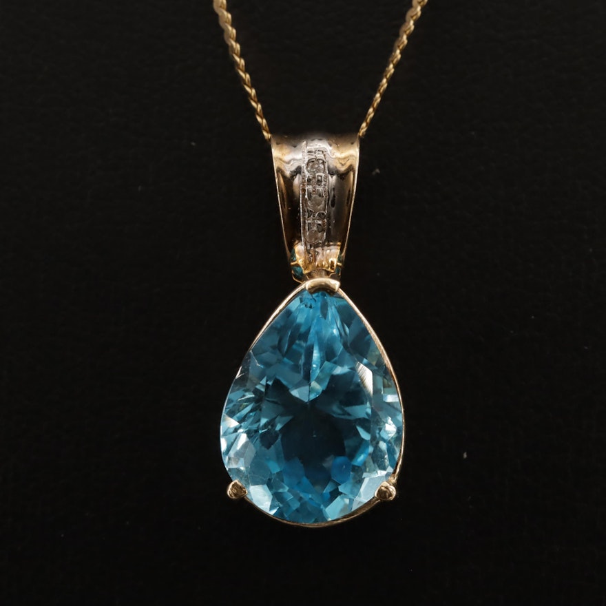14K Blue Topaz and Diamond Enhancer Pendant Necklace