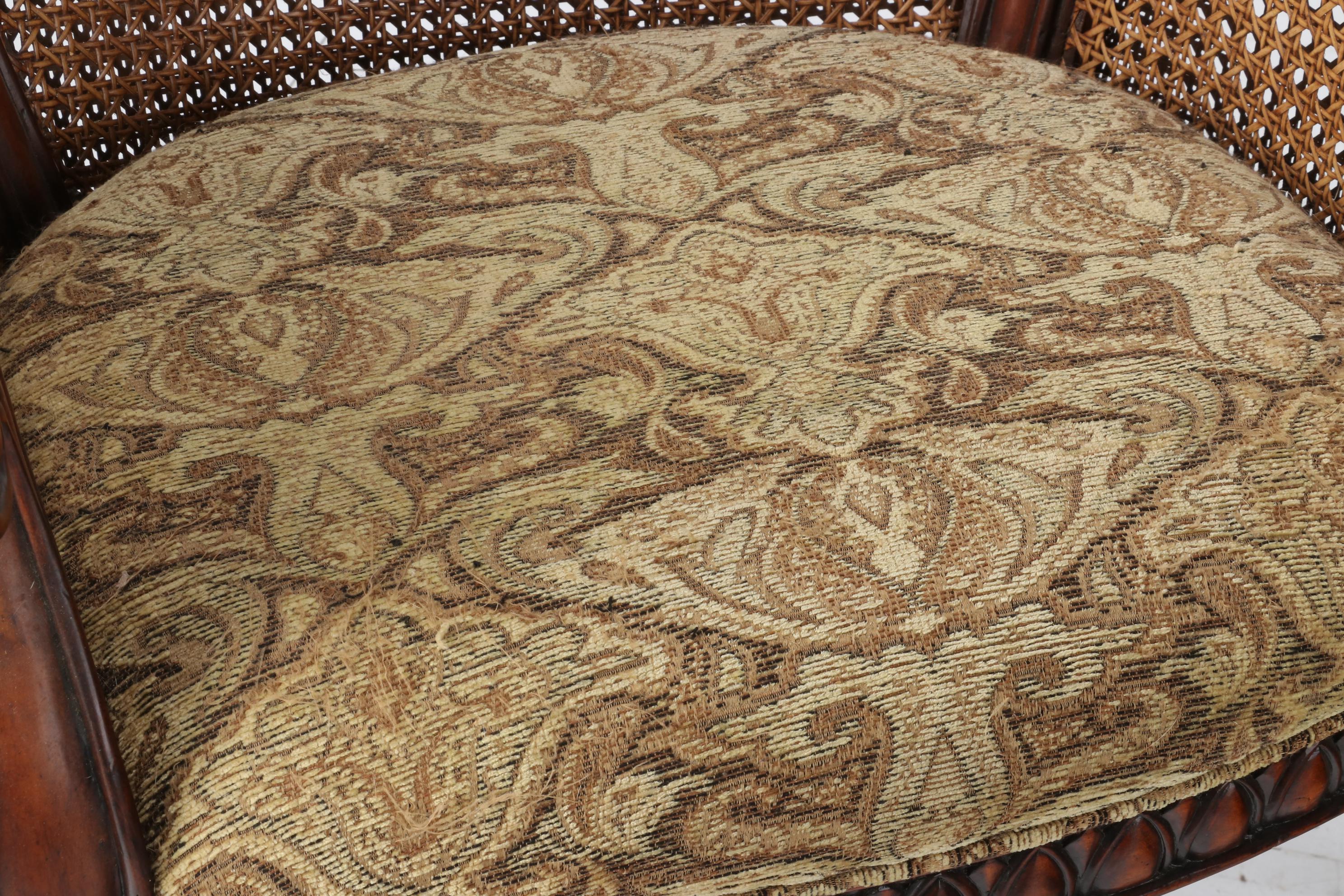 Three Louis XVI Style Caned and Upholstered Counter Height Armchairs