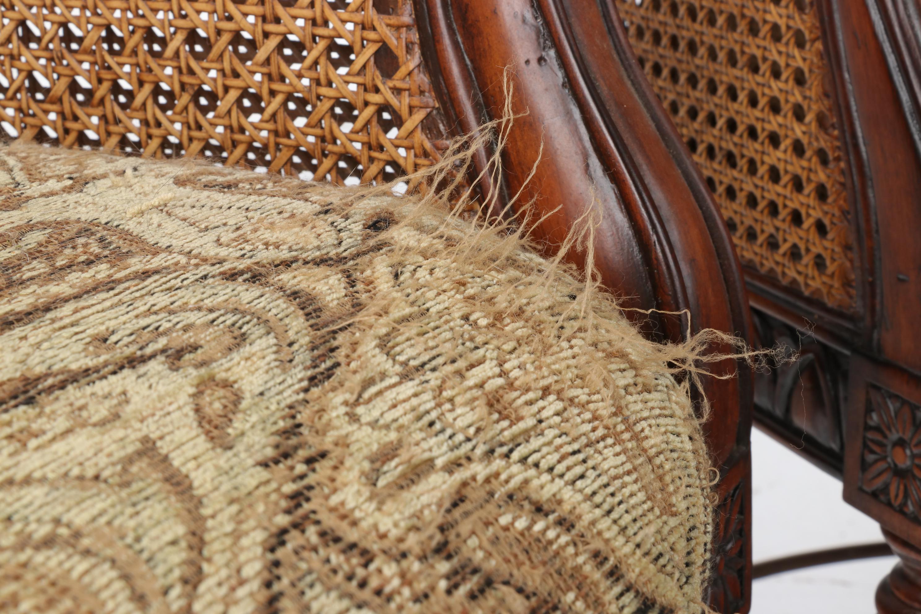 Three Louis XVI Style Caned and Upholstered Counter Height Armchairs