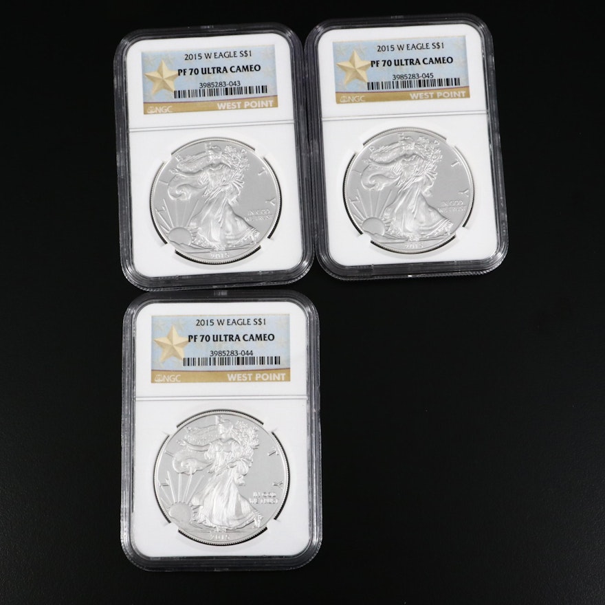 Three NGC Graded PF 70 Ultra Cameo Proof 2015-W Silver Eagle Dollar Coins