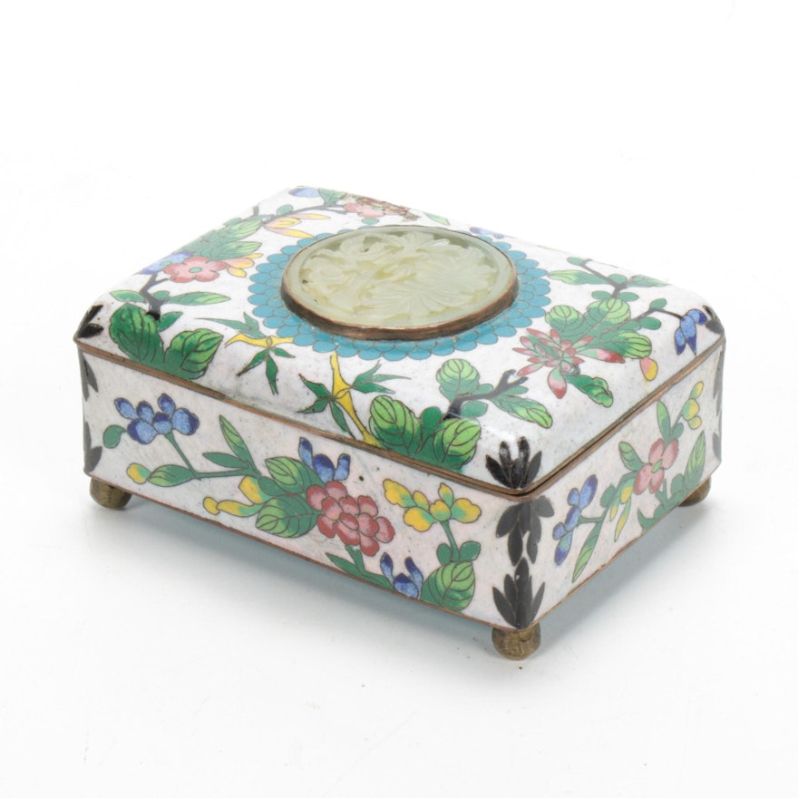 Chinese Cloisonné Trinket Box with Carved Jadeite Medallion