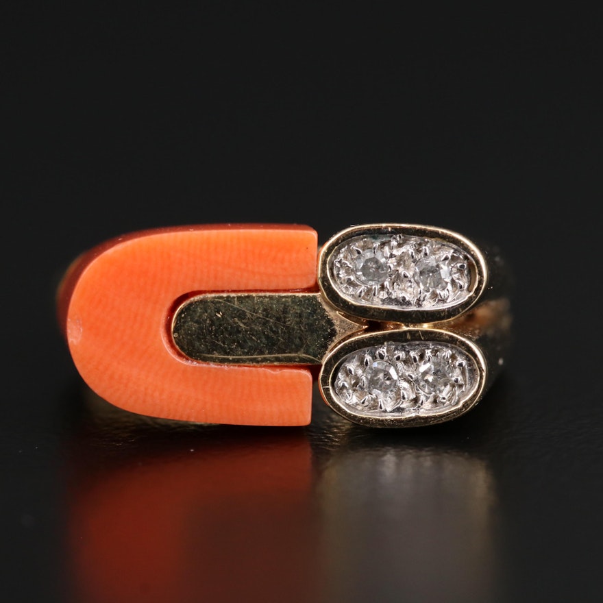 14K Coral and Diamond Ring