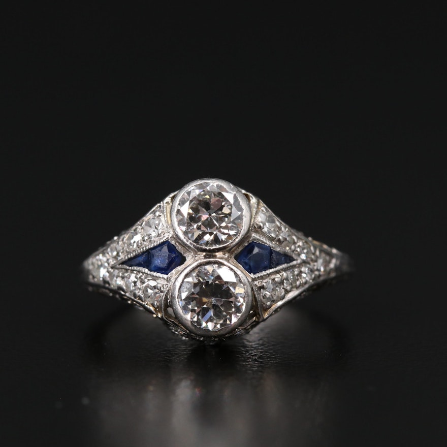 Art Deco Platinum 1.27 CTW Diamond and Sapphire Ring