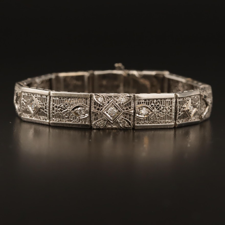 Vintage 14K Diamond Filigree Bracelet with Palladium Accents