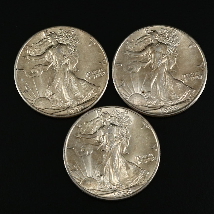 1933, 1940 and 1944 Walking Liberty Silver Half Dollars