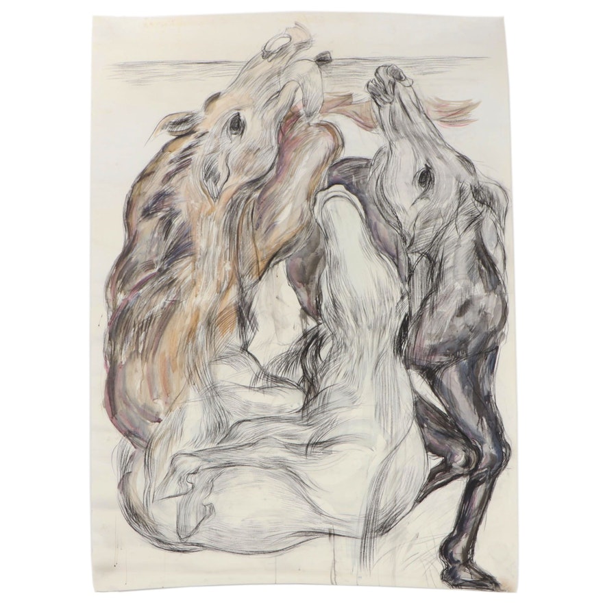 Esther Liu Charcoal Drawing of Horses, circa 1980