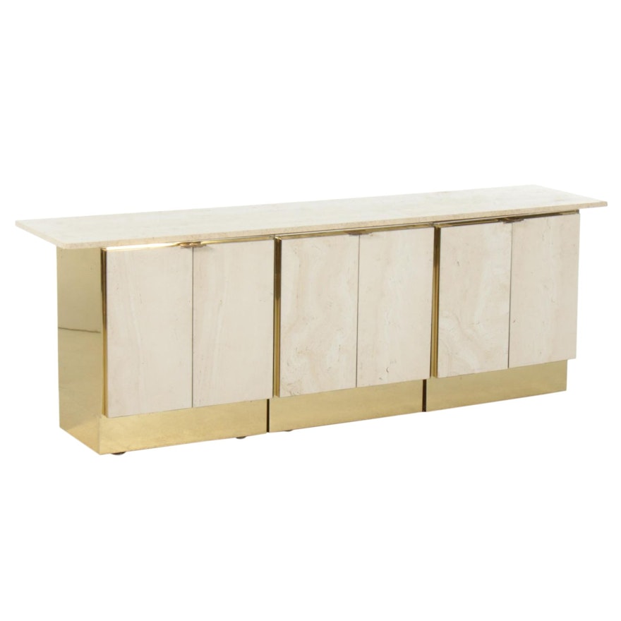 Ello Furniture Travertine Marble and Brass Credenza, Late 20th Century