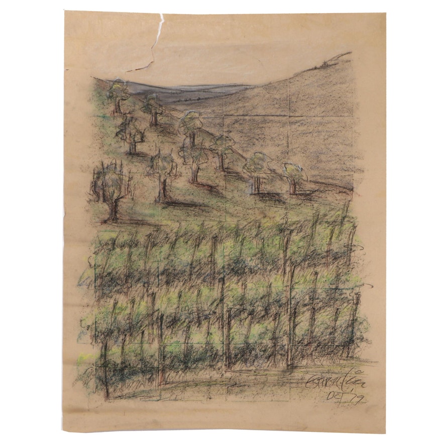 Esther Liu Abstract Charcoal Drawing of a Vineyard, 1979
