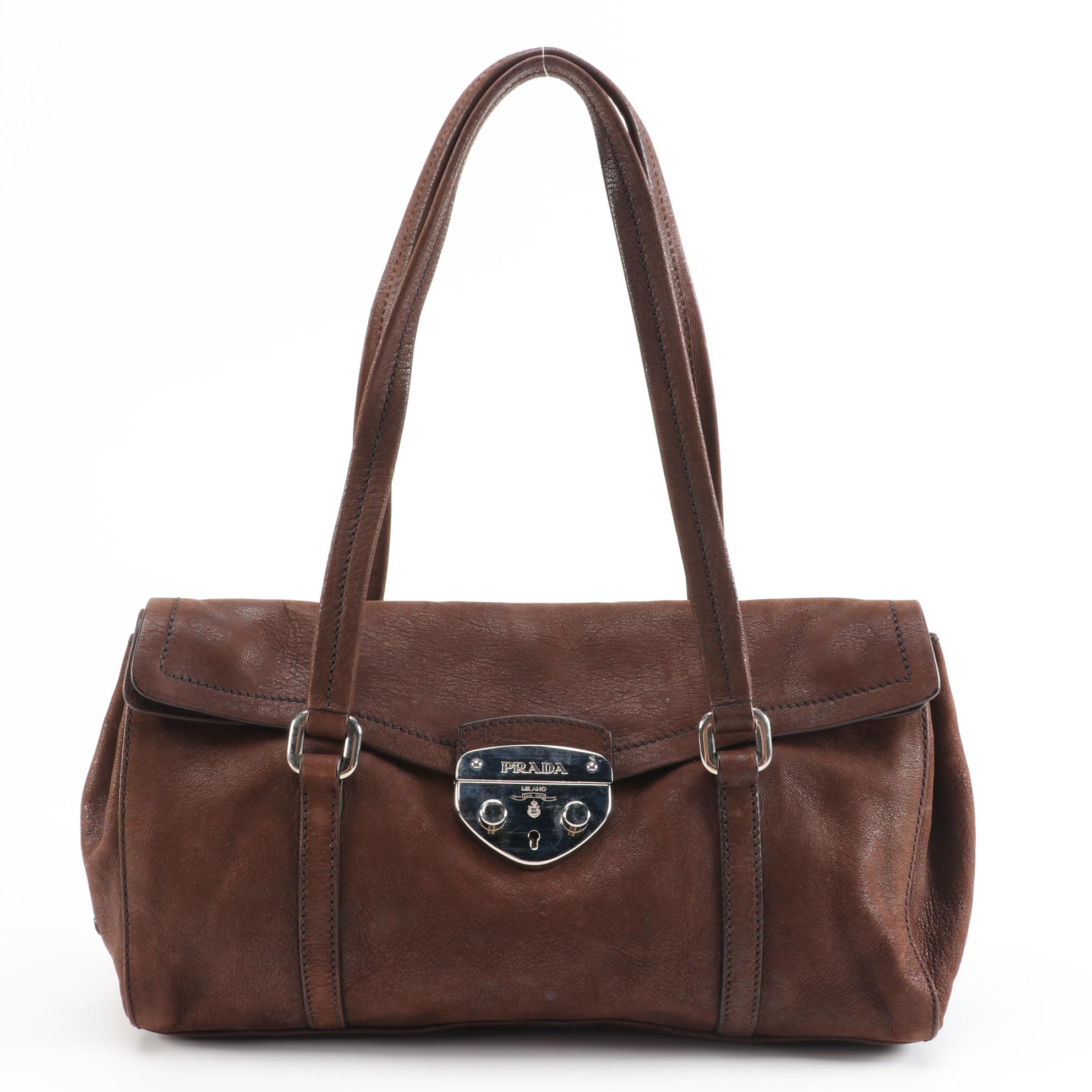 Prada Antic Easy A Leather Foldover Shoulder Bag in Teak