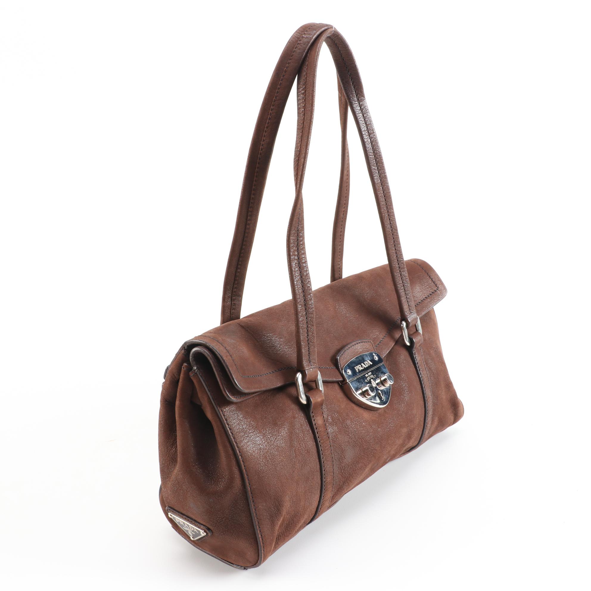 Prada Antic Easy A Leather Foldover Shoulder Bag in Teak