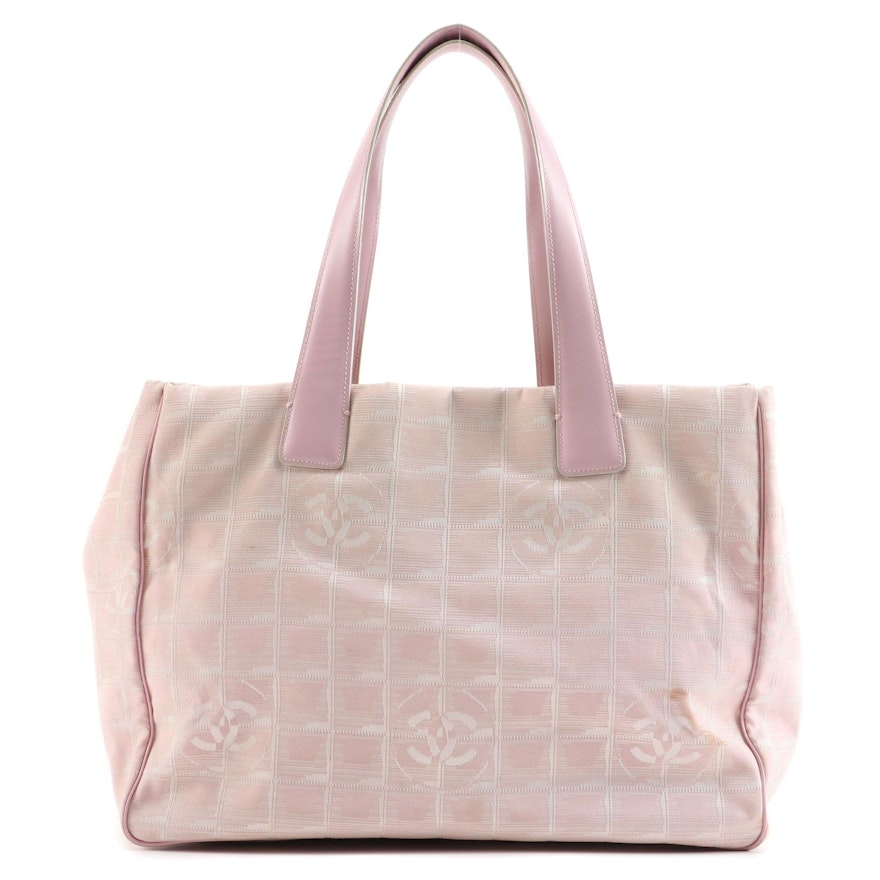 Chanel Jacquard New Travel Line Pink Canvas and Leather Tote Bag