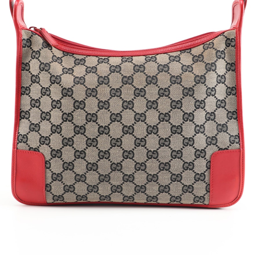 Gucci GG Canvas and Red Leather Shoulder Bag