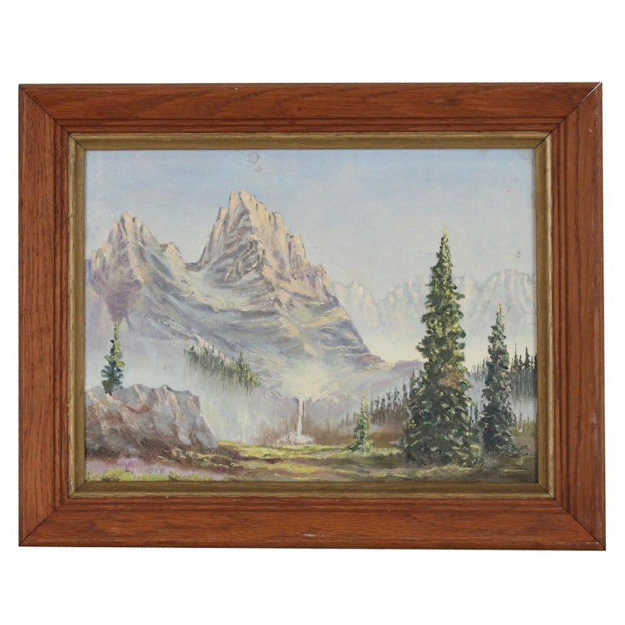 Mountainous Landscape Oil Painting, Mid to Late 20th Century