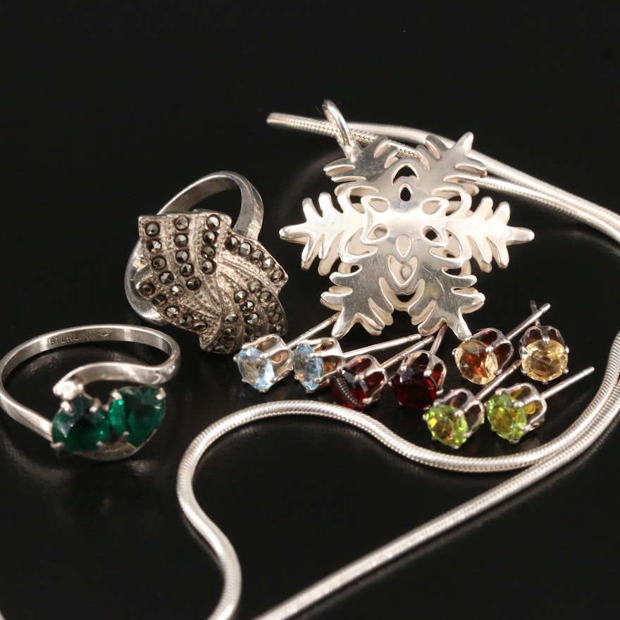 Sterling Jewelry Assortment with Multicolor Studs, Rings and Snowflake Pendant