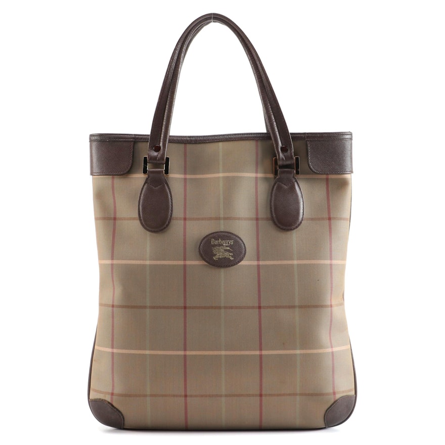 Burberrys Check Canvas and Brown Saffiano Leather North South Tote Bag