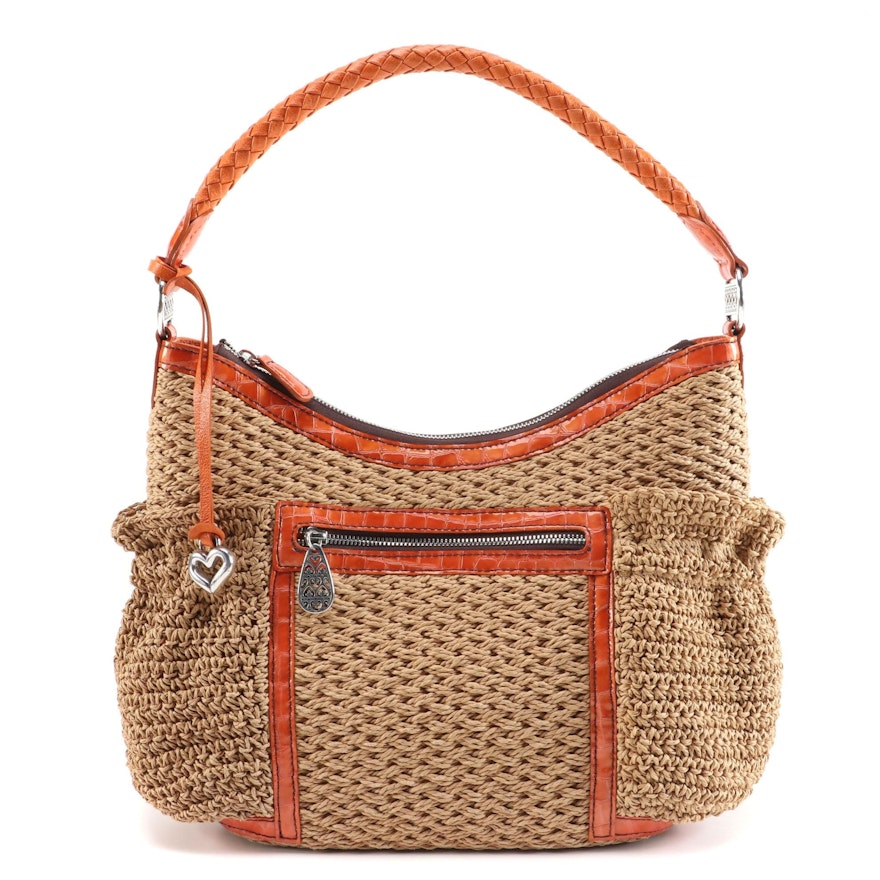 Brighton Woven Jute Tote Bag with Embossed and Braided Leather