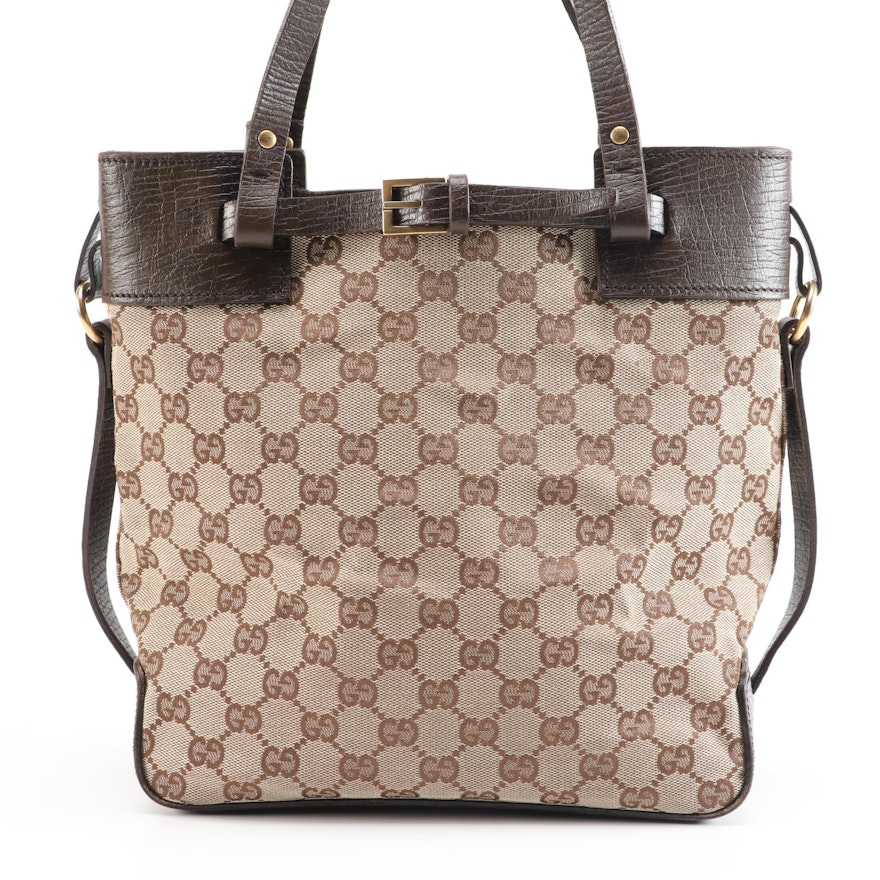 Gucci GG Canvas and Brown Grained Leather Handbag