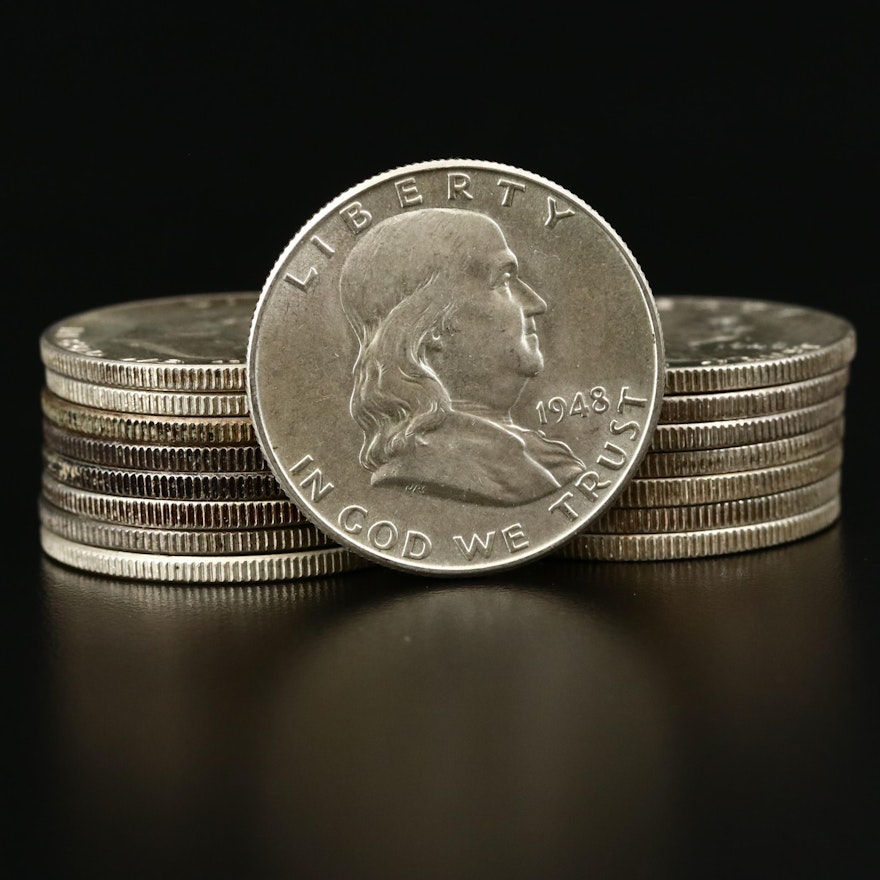 Sixteen Franklin Silver Half Dollars, 1948-1949