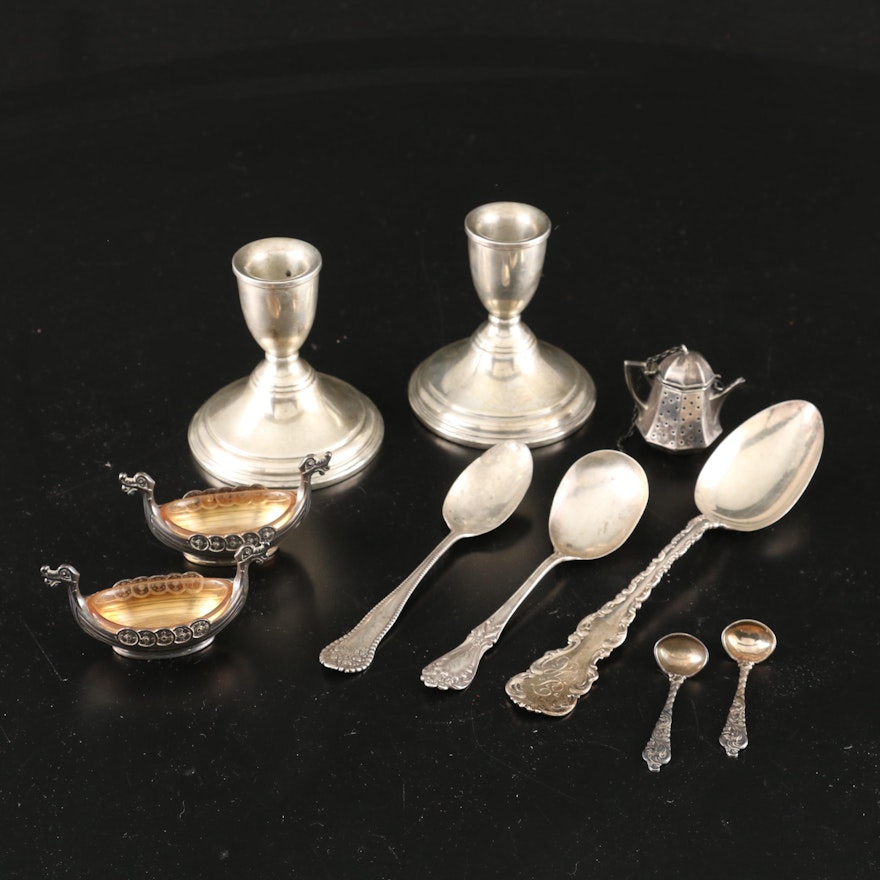 830 Silver Viking Ship Salts with Spoons, and Sterling Silver Table Accessories