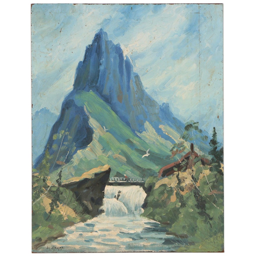 Joseph Di Gemma Landscape Oil Painting of Mountains and Waterfall, 1960