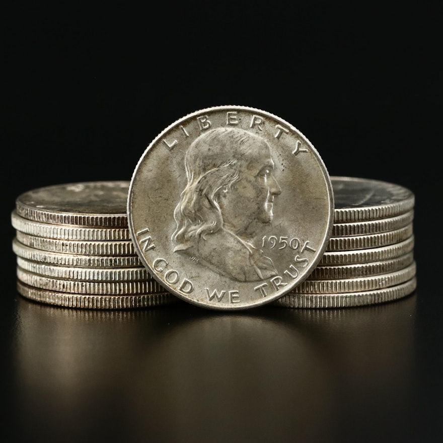 Fifteen Franklin Silver Half Dollars