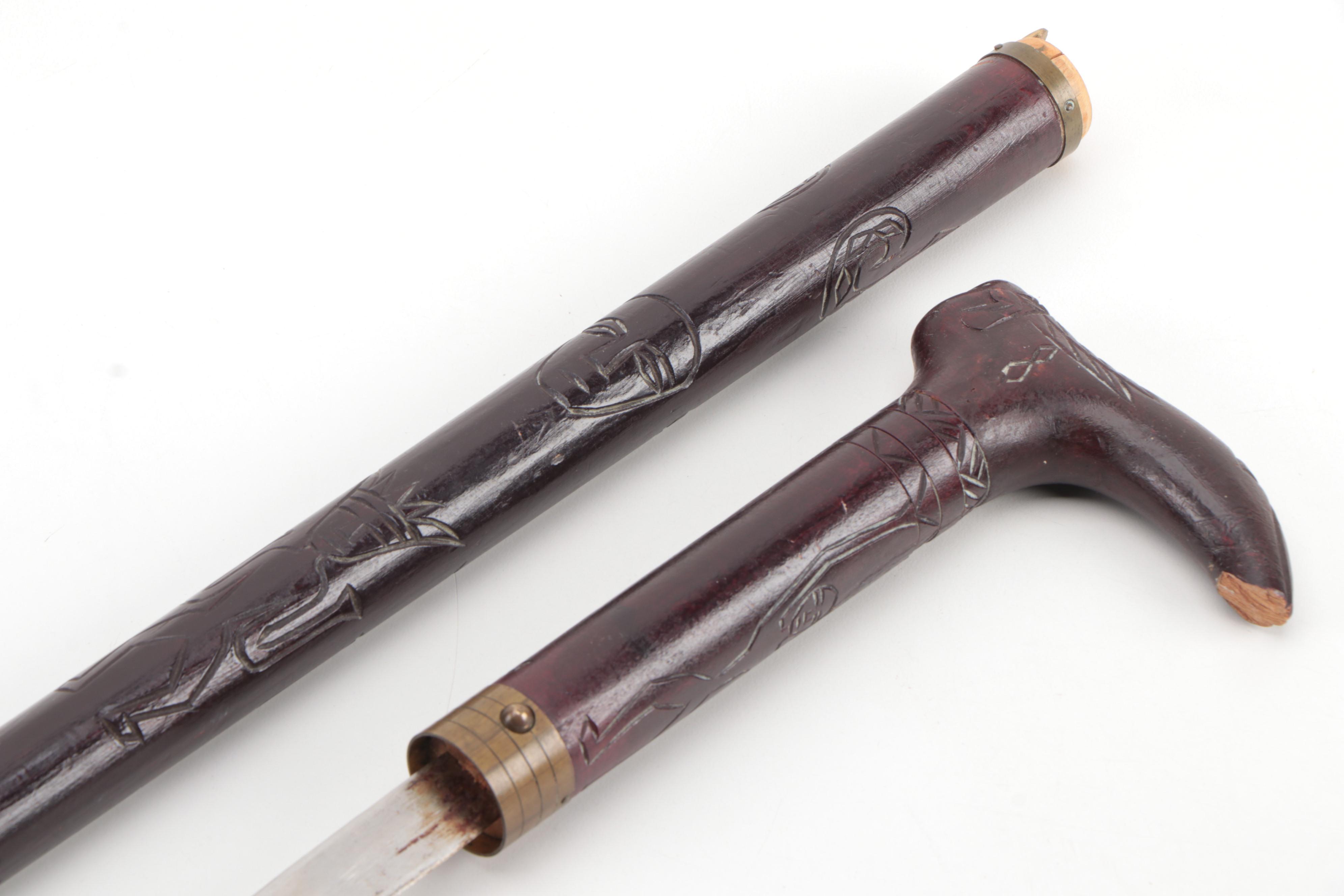 African Sword Cane with Thorn Wood Cane and Ebonized Wood Walking Stick