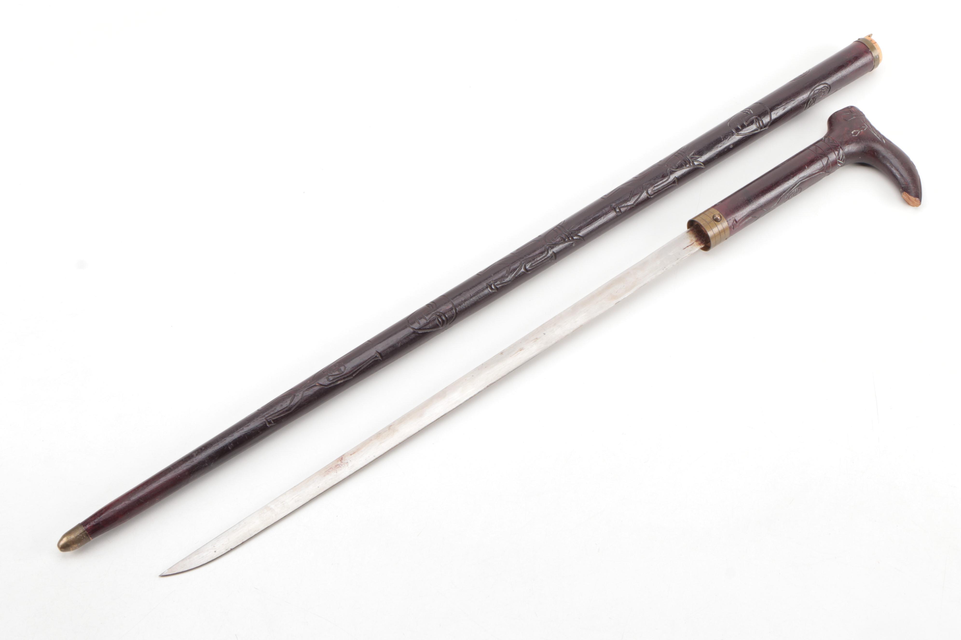 African Sword Cane with Thorn Wood Cane and Ebonized Wood Walking Stick