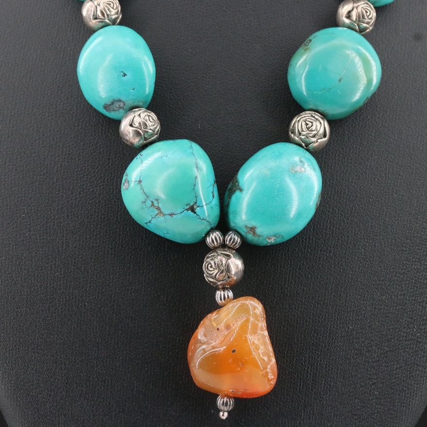 Howlite and Agate Necklace with Sterling Silver Charm and Clasp