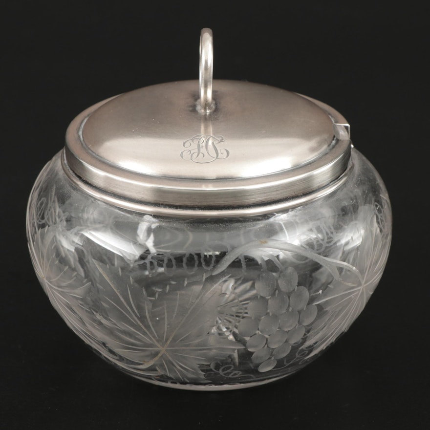 Etched Glass Jelly Jar with Sterling Silver Lid, Early to Mid 20th Century