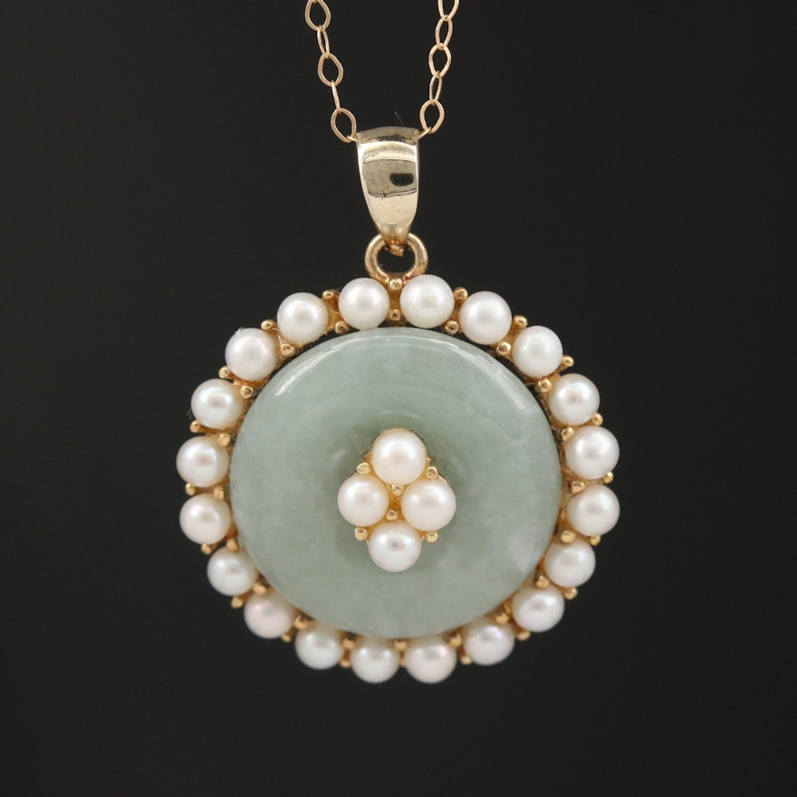 14K Jadeite and Pearl Bi Pendant Necklace