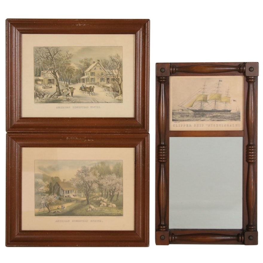 Currier & Ives Offset Lithographs and Trumeau Mirror, 20th Century