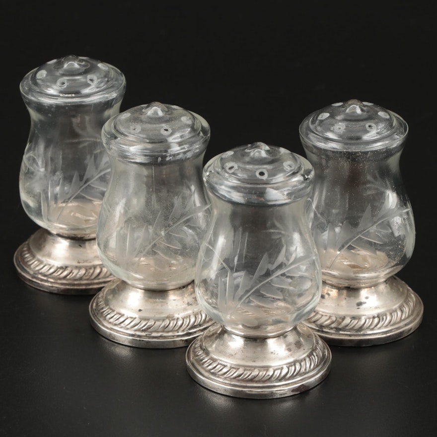 Quaker Silver Co. "Hurricane" Etched Glass and Sterling Salt and Pepper Shakers