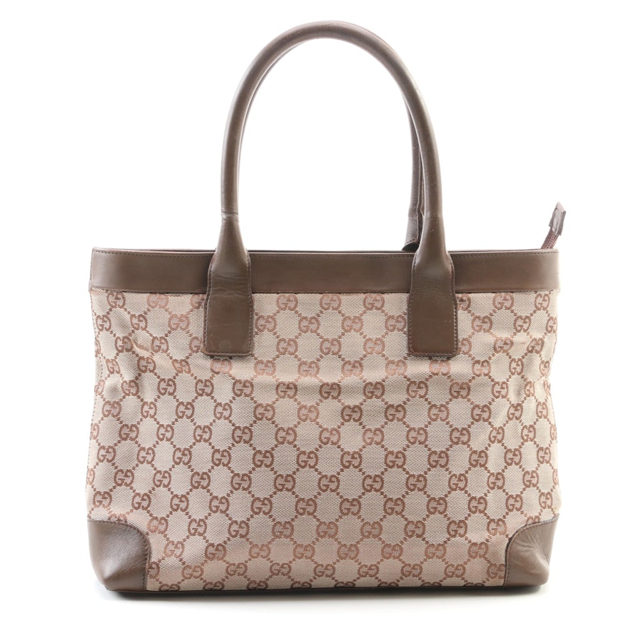 Gucci GG Canvas and Brown Leather Tote