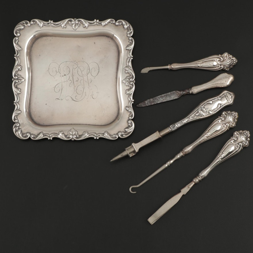 Gorham Sterling Card Tray with Vanity Accessories, Early 20th Century