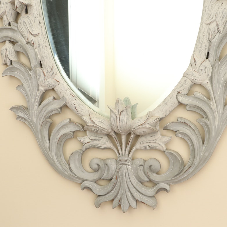 Portuguese Hand-Carved and Painted Wood Tulip Wall Mirror
