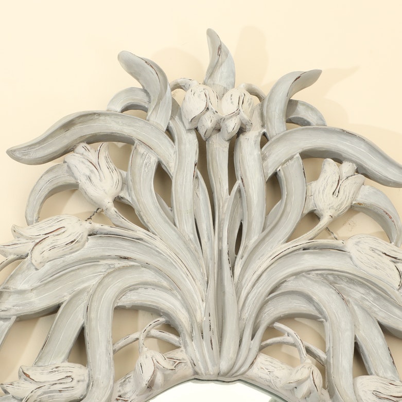 Portuguese Hand-Carved and Painted Wood Tulip Wall Mirror