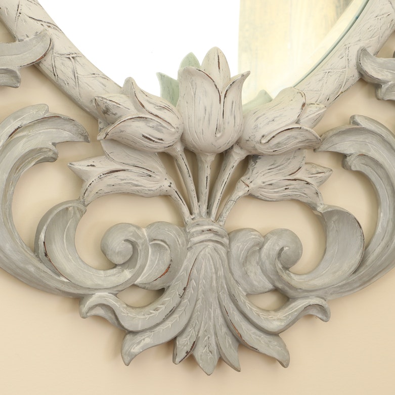 Portuguese Hand-Carved and Painted Wood Tulip Wall Mirror