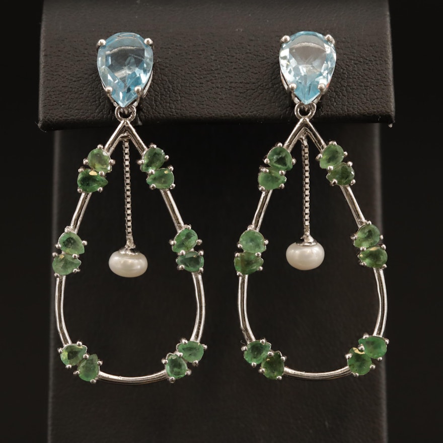 Sterling Silver Emerald, Blue Topaz and Pearl Drop Earrings