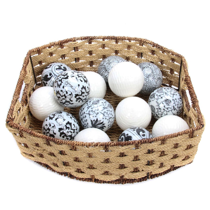 Decorative Ceramic Spheres in Woven Basket