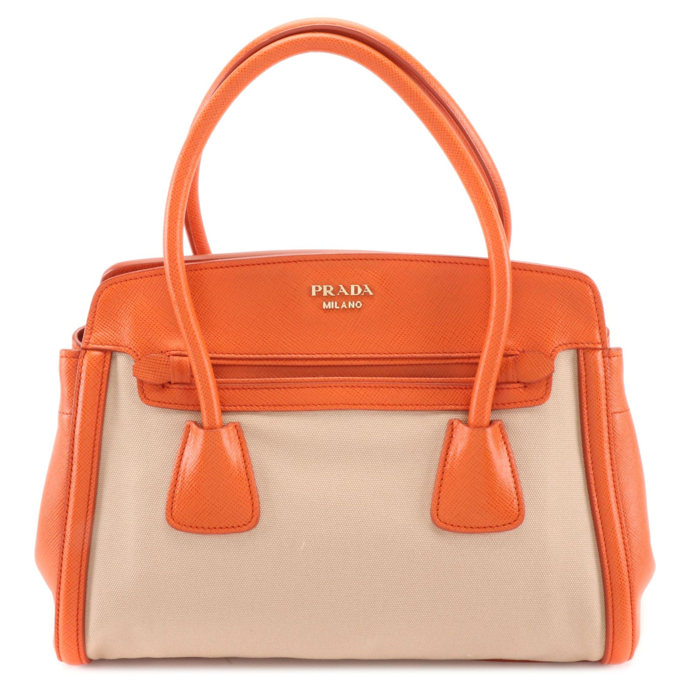 Prada Satchel in Corda Canapa Canvas with Papaya Saffiano Leather Trim