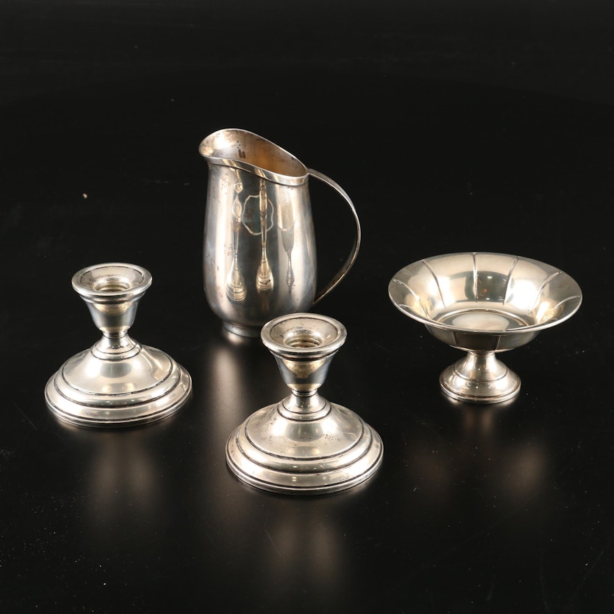 Sterling Silver Pitcher, Weighted Bonbon Bowl and Candlesticks, 20th Century