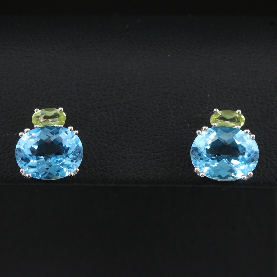 14K Blue Topaz and Peridot Button Earrings