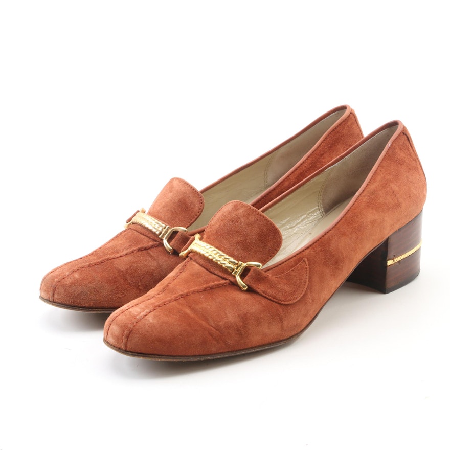 Gucci Cognac Brown Suede Velour Mid-Heel Loafers