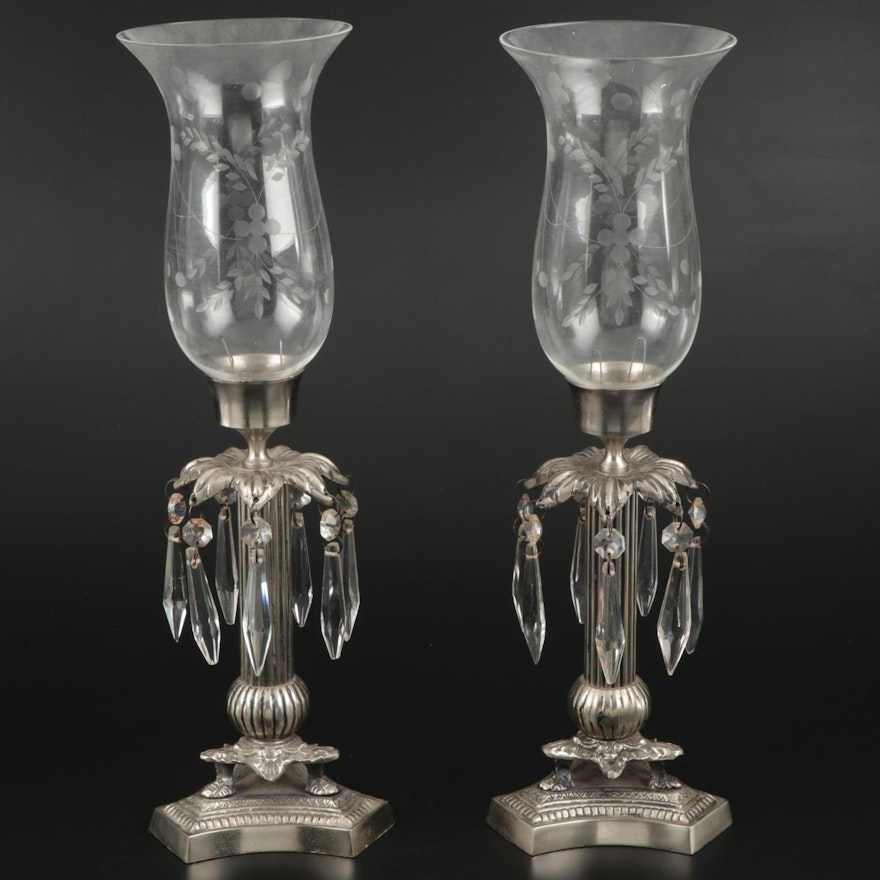 Pair of Metal Candlesticks with Glass Shades