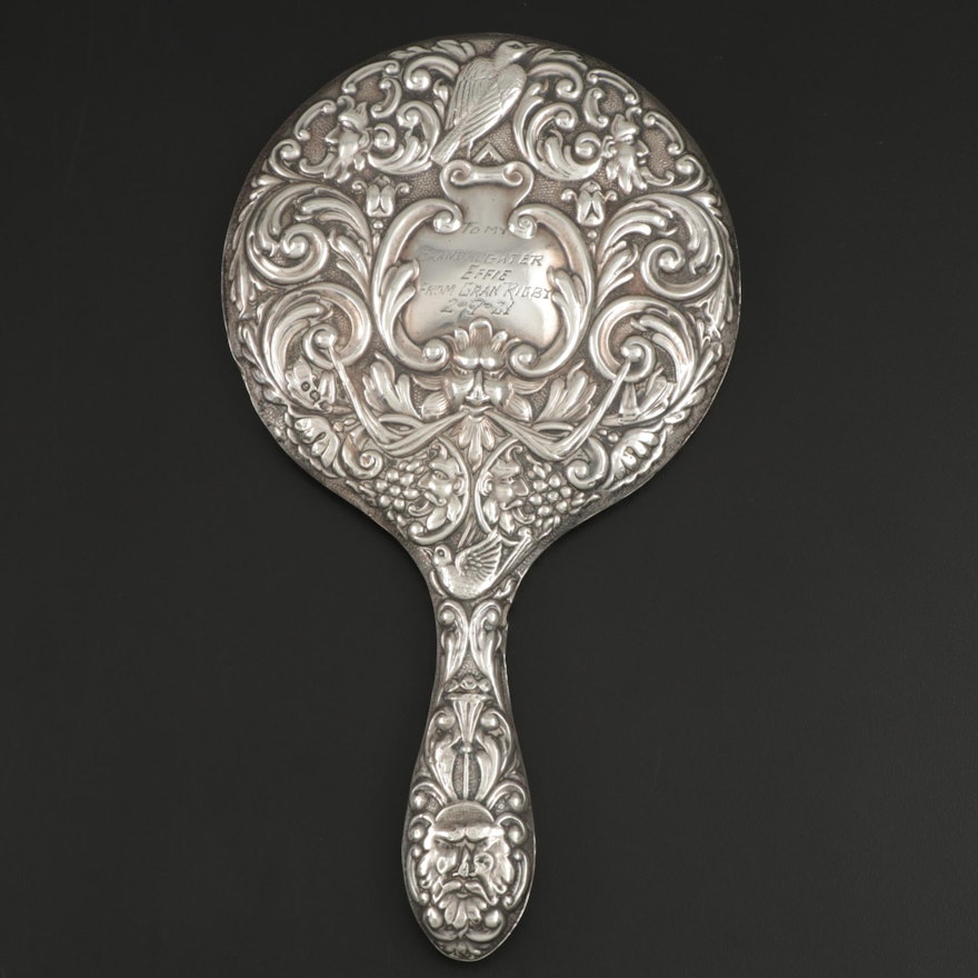 English Repoussé Sterling Silver Hand Mirror, 1918