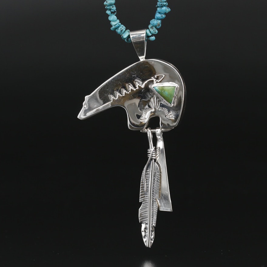 Signed Western Sterling Medicine Bear Pendant on Beaded Turquoise Necklace